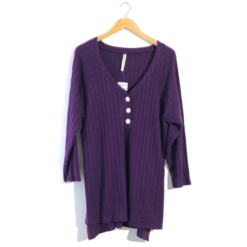 Forgotten Grace Eggplant Long Sleeve V Neck Ribbed Henley Shirt Top 3X